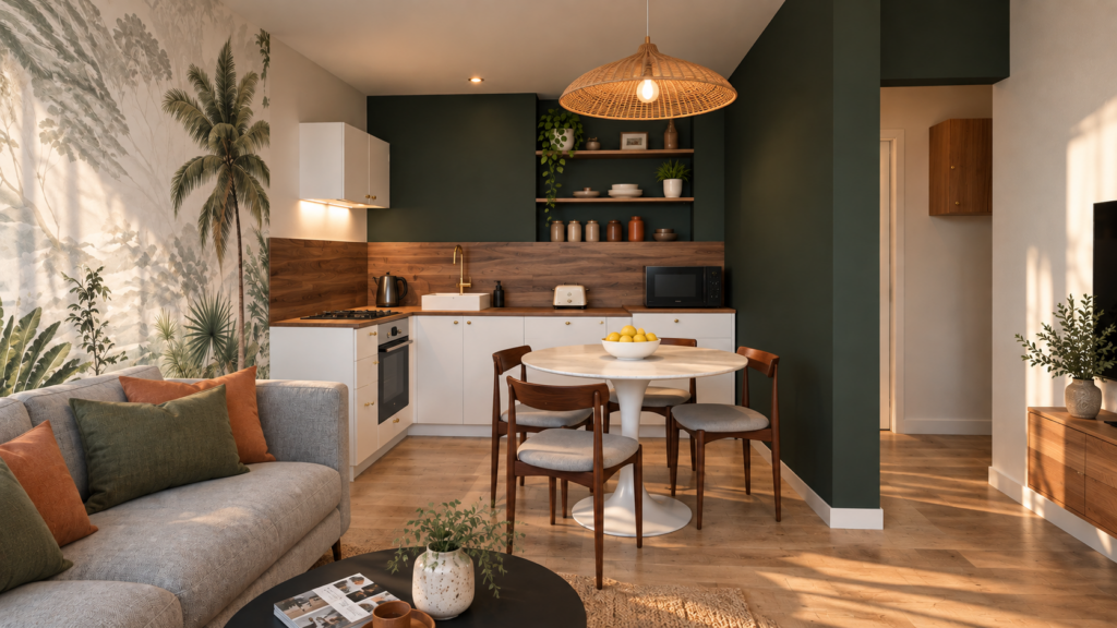 Rendu réaliste 3D d’une pièce de vie avec cuisine, salon et coin repas – Ldesign
