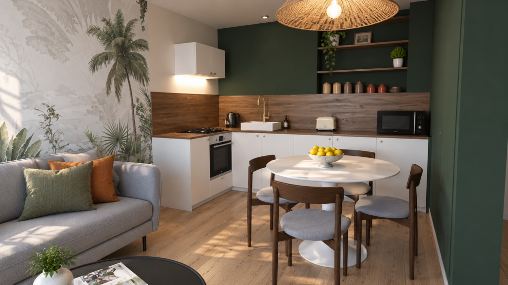 Rendu réaliste 3D d’une pièce de vie avec cuisine, salon et coin repas – Ldesign