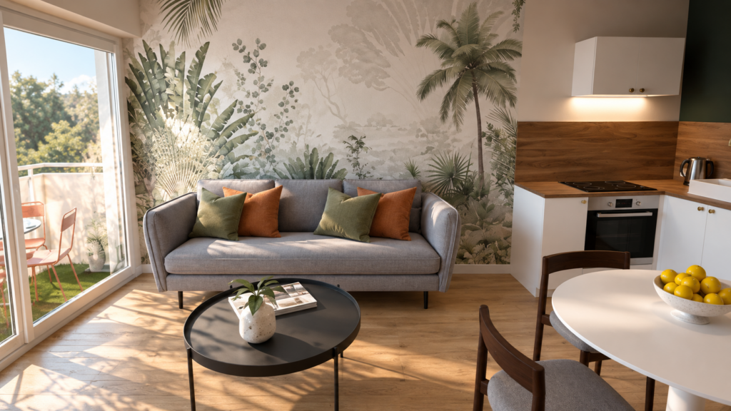 Rendu réaliste 3D d’une pièce de vie avec cuisine, salon et coin repas – Ldesign
