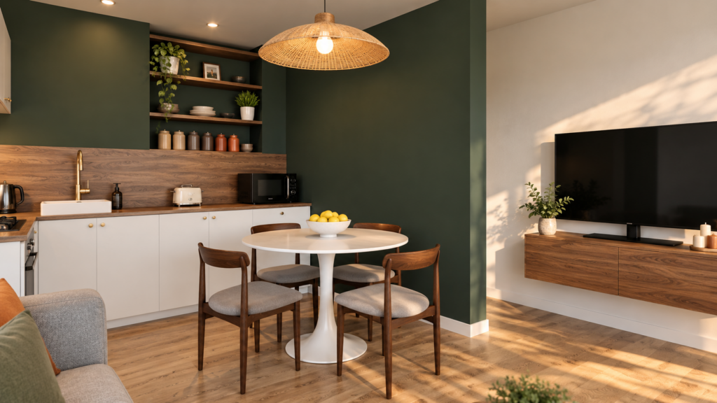 Rendu réaliste 3D d’une pièce de vie avec cuisine, salon et coin repas – Ldesign