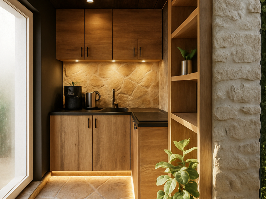 Rendu 3D réaliste d'un aménagement intérieur bois et pierre par Ldesign
