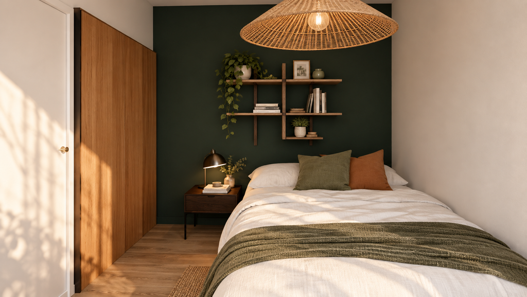 Rendu réaliste 3D d’une chambre avec mur vert et décoration chaleureuse – Ldesign
